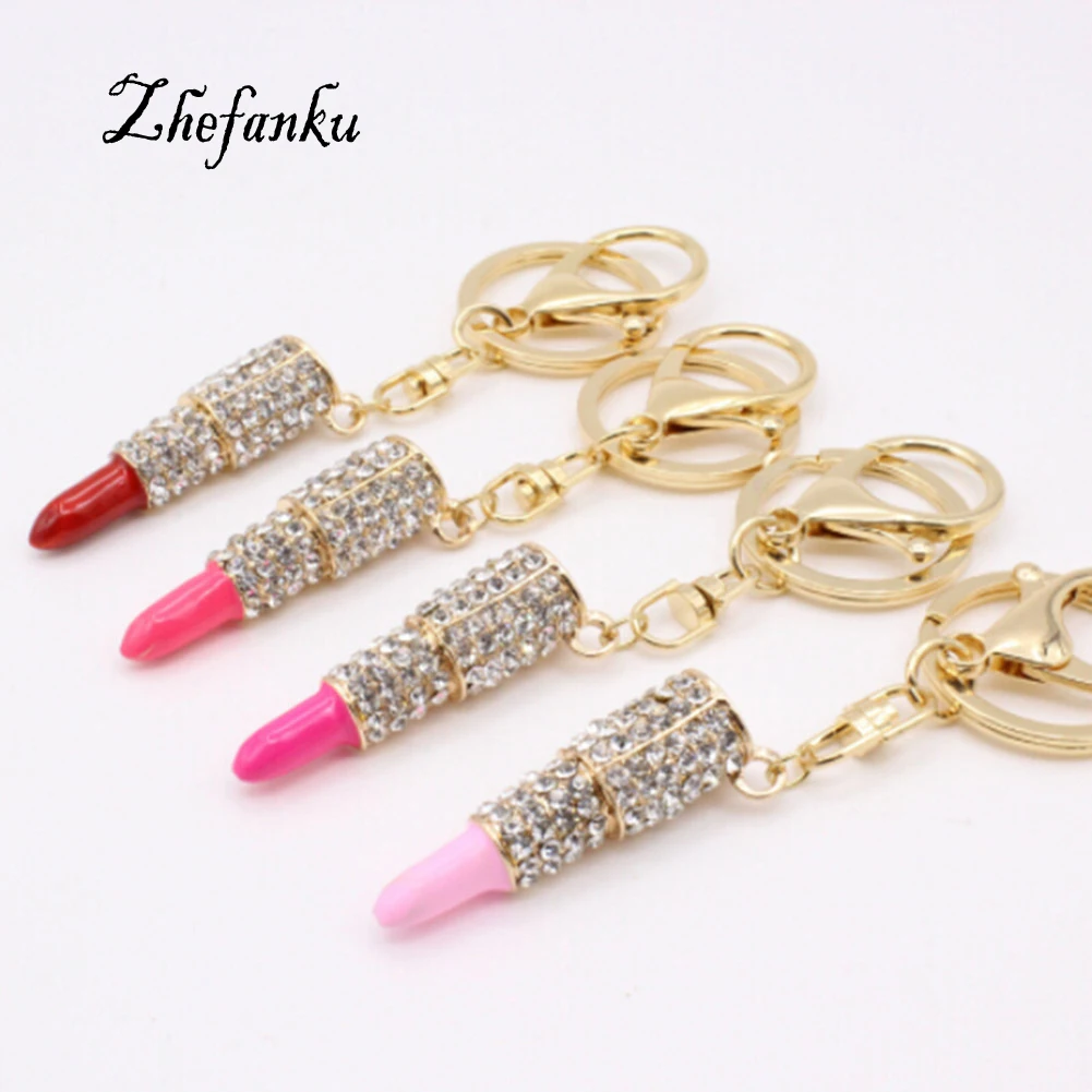 

Women Jewelry 5 Colors Charm Crystal Keychain Lipstick Key Holder Rhinestone Keyring Red Rose Pendant Key Chain Rings