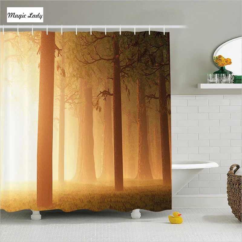 Shower Curtain Forest Bathroom Accessories Foggy Mist Beams Rays