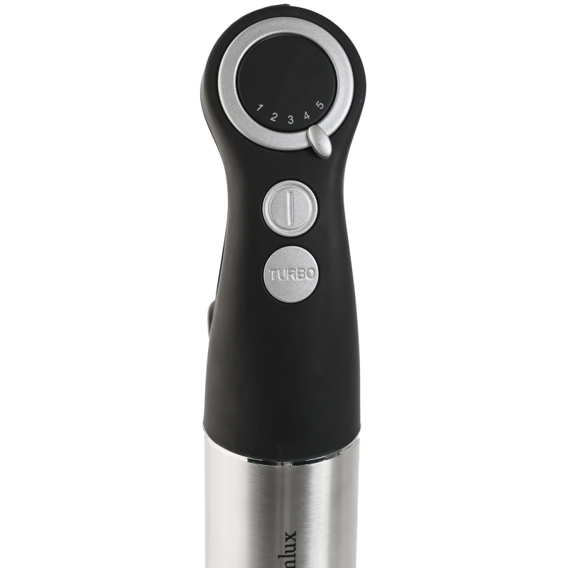 Блендер погружной GEMLUX GL-SB-807 (Мощность 800 Вт, 5 скоростей + турбо-режим, материал корпуса - нерж.сталь/пластмасса, в комплекте: насадка-нож и насадка-венчик из нерж.стали, насадка-измельчитель с чашей 600 мл)