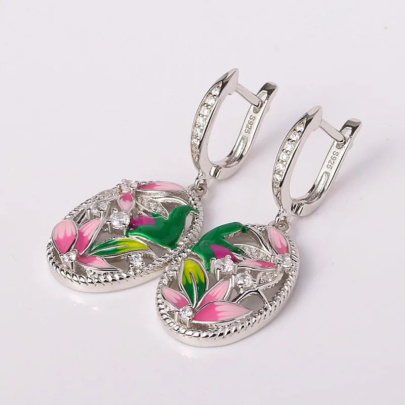 925 пробы серебряные прекрасные серьги разноцветный яркий, в форме лотоса цветок эмаль серьги для женщин Роскошные эмалированные ювелирные изделия