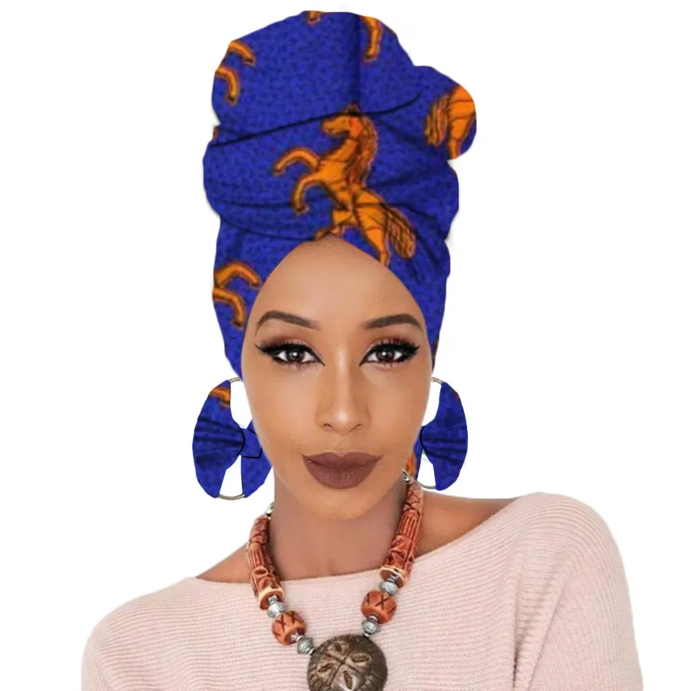 Print turban traditional African headscarf women headtie with earring (15)