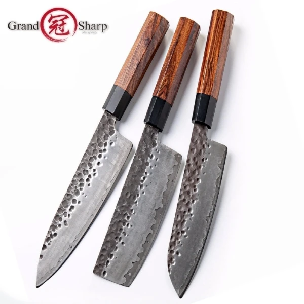 Кухонные ножи ручной работы, нож шеф-повара, японский нож AUS10 из высокоуглеродистой стали, экологичные инструменты для приготовления пищи, ручка из натурального дерева - Цвет: 3 pcs knife set