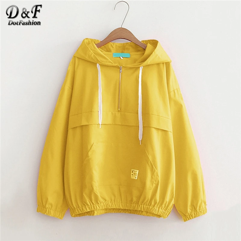 Dotfashion Yellow Drawstring Pocket Zip Up Hoodie font b Jacket b font font b Women b