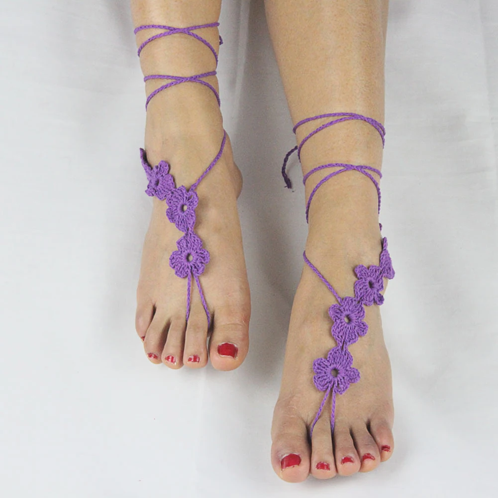 Модные женские вязаные крючком Цветочные босиком в сандалиях ножной браслет на ногу цепь - Окраска металла: Purple