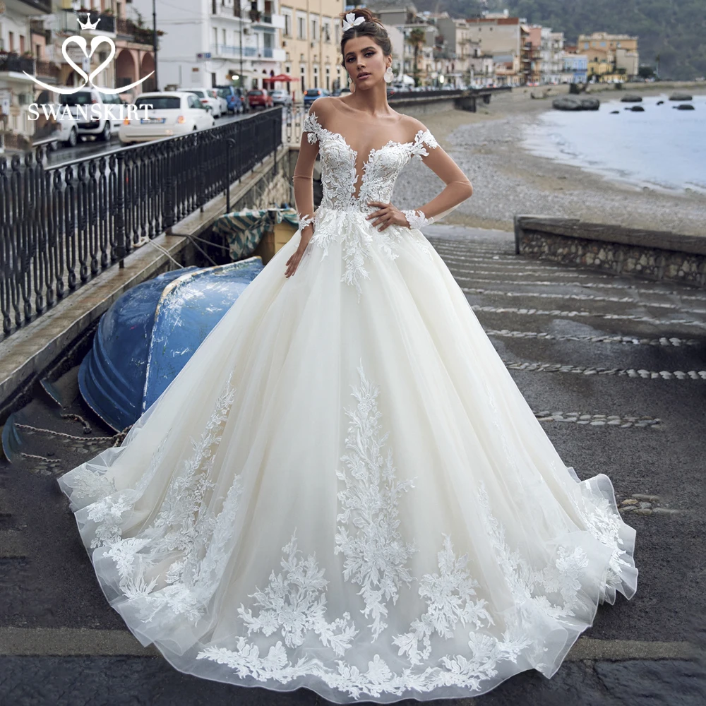 

Swanskirt Sweetheart Appliques Wedding Dresses 2019 New Arrival Long Sleeve Ball Gown Princess Bride Gowns Vestido de Noiva BZ01
