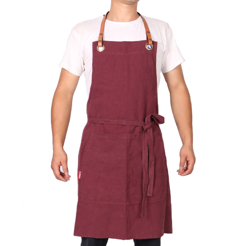 WEEYI Linen Cooking Apron For Woman Men With Leather Strap Unisex Bartender Bakers Painters Barista Kitchen Aprons delantal
