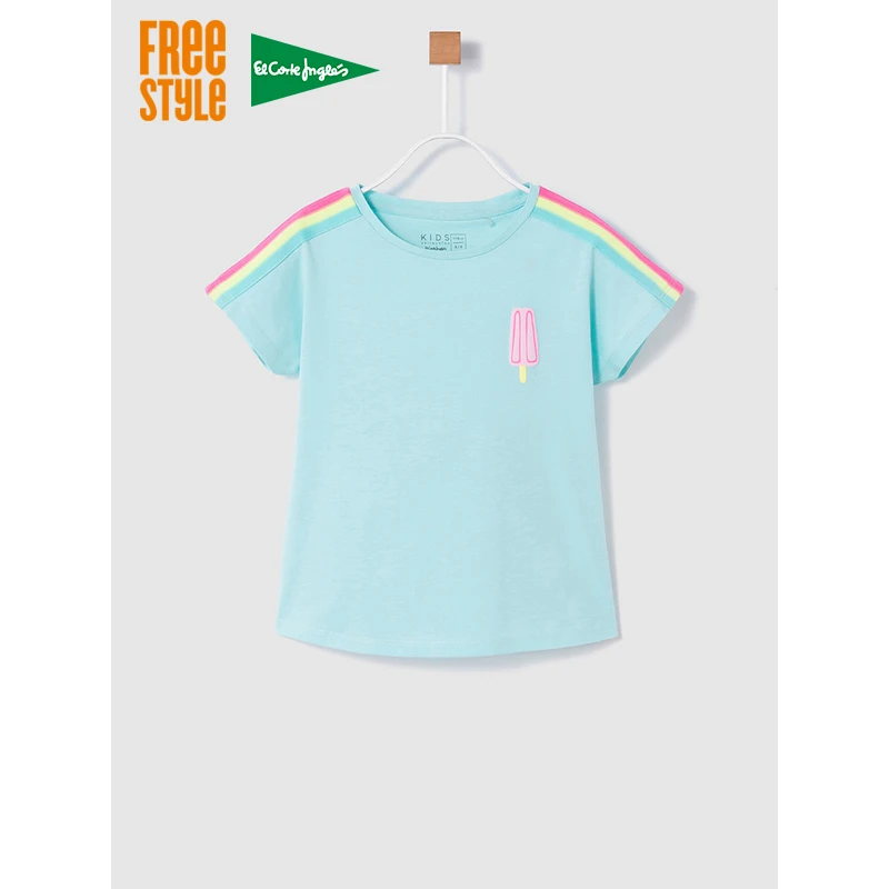 Camiseta de niña en turquesa con cintas multicolores, manga corta, cuello a la Caja, algodón, moda de verano, recién llegado|Camisetas| - AliExpress