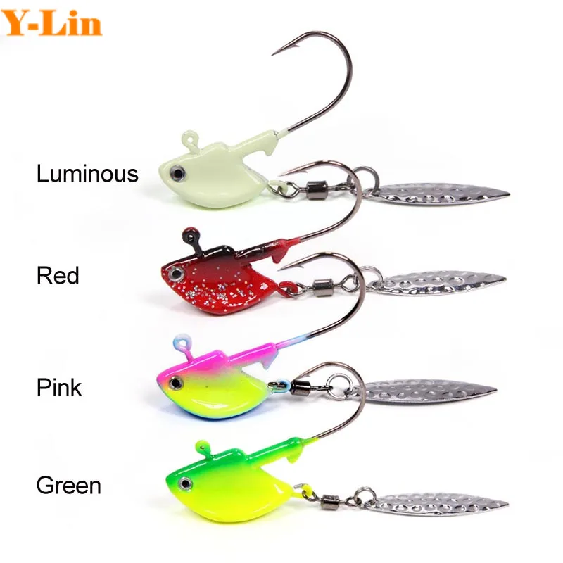 

4pcs/pack 4 Colors 4g/7g/10g/14g/21g fishig Lead Head Hook with Spinner Spoon 3D eyes Fish Lifelike Jig Head Hook Soft Bait