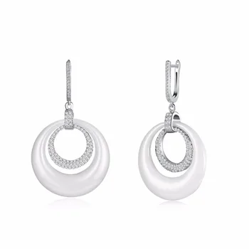 

2017 New Arrival Double Circle The White Ceramic And Zircon Pave Charming Elegant 925 Sterling Silver Earring