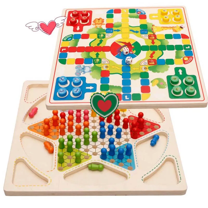 

Ludo Board Game & Chinese Checkers 2 in 1 Natural Wooden Board Flying Chess Family Game for Adults and Kids