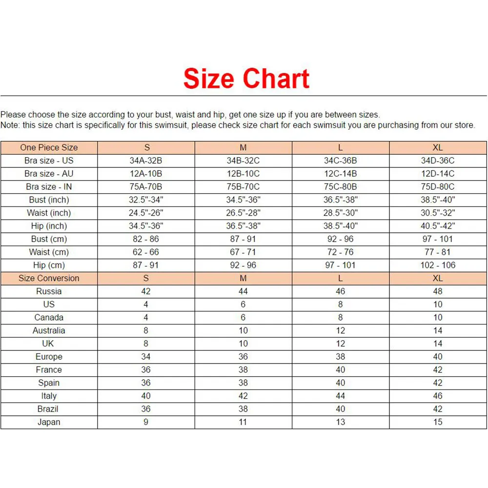 Size Chart For Women S Bathing Suits