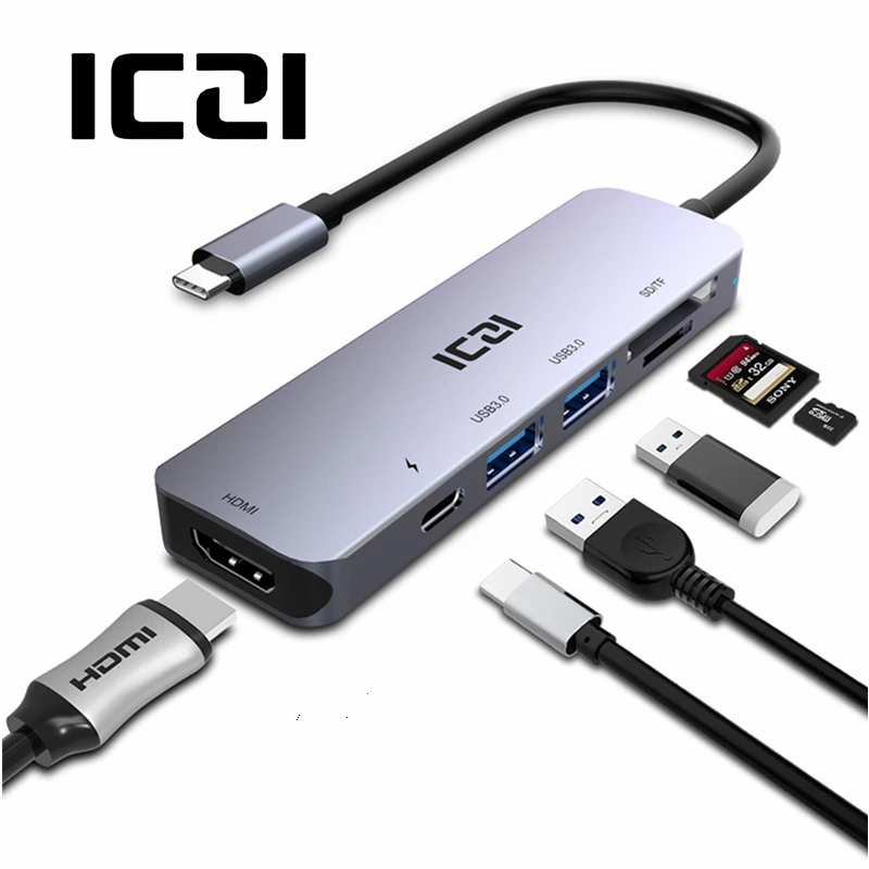 ICZI 6 в 1 USB C концентратор Тип C до 4 K HDMI USB 3,0 SD карты памяти конвертер для macbook Pro huawei P20 P30 Коврики 20 samsung S8 S9