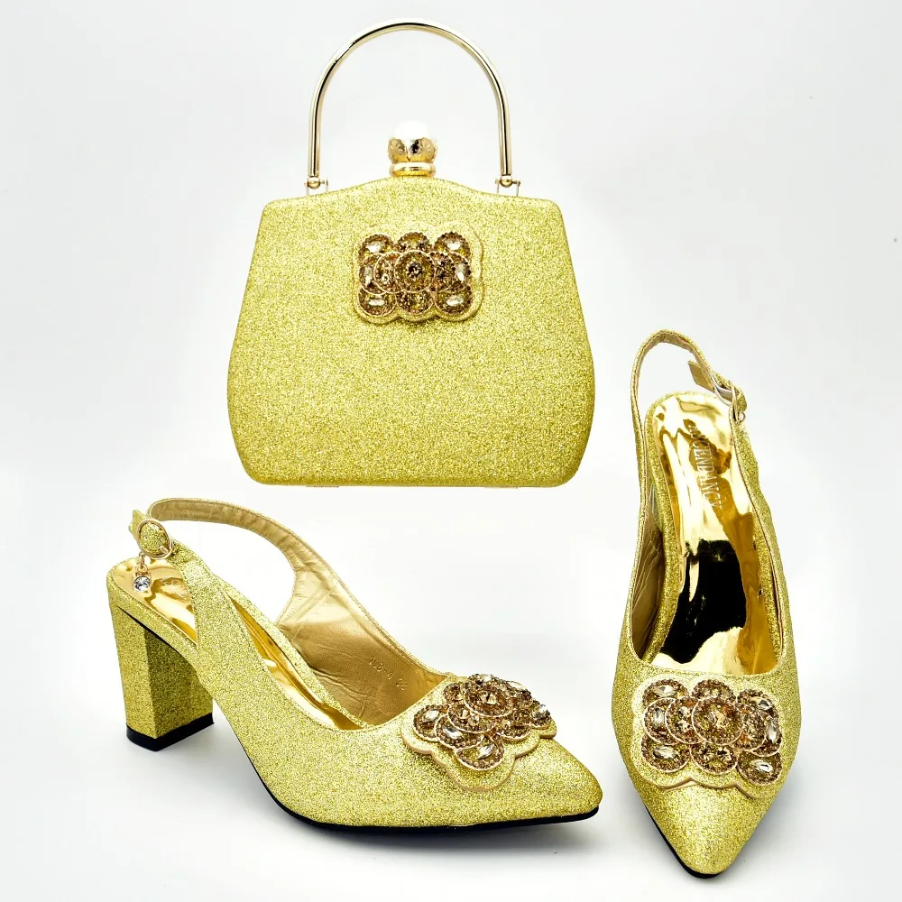 

2019 italian sandal shoes with clutches bag matching set 2.7 inches heel nice loevely gold shoea and bag matching set SB8375-2