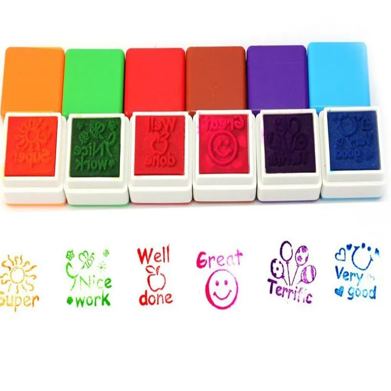 

2019 New 6pcs/set Teachers Stamp Praise Reward Stamps Sticker DIY English Words Ink Pad Stationery Gift