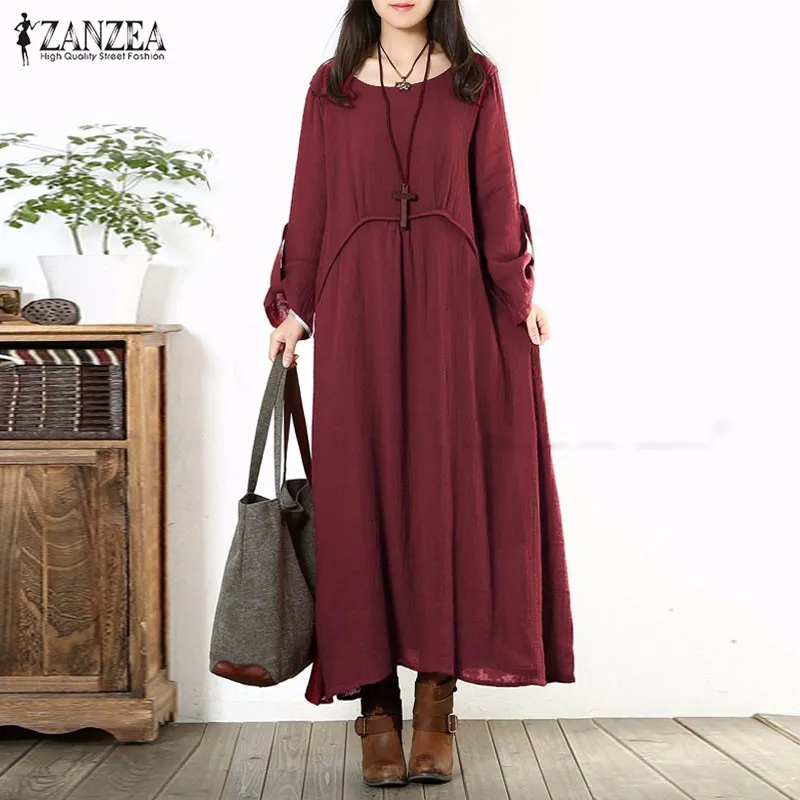 ZANZEA Women Dress 2018 Autumn Vintage Retro Maxi Long Dress Casual Loose O Neck Long Sleeve Oversized Plus Size Vestidos