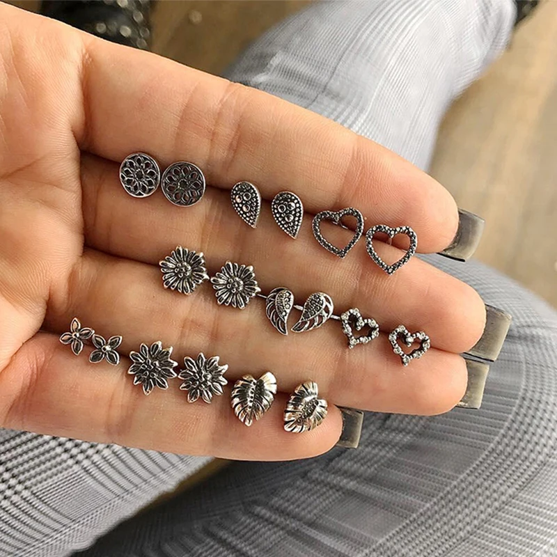 

18 Pcs/Set Women Fashion Bohemian Retro Peach Heart Flowers Leaf Drops Wings Hollow Silver Earrings Set Wedding Ear Studs