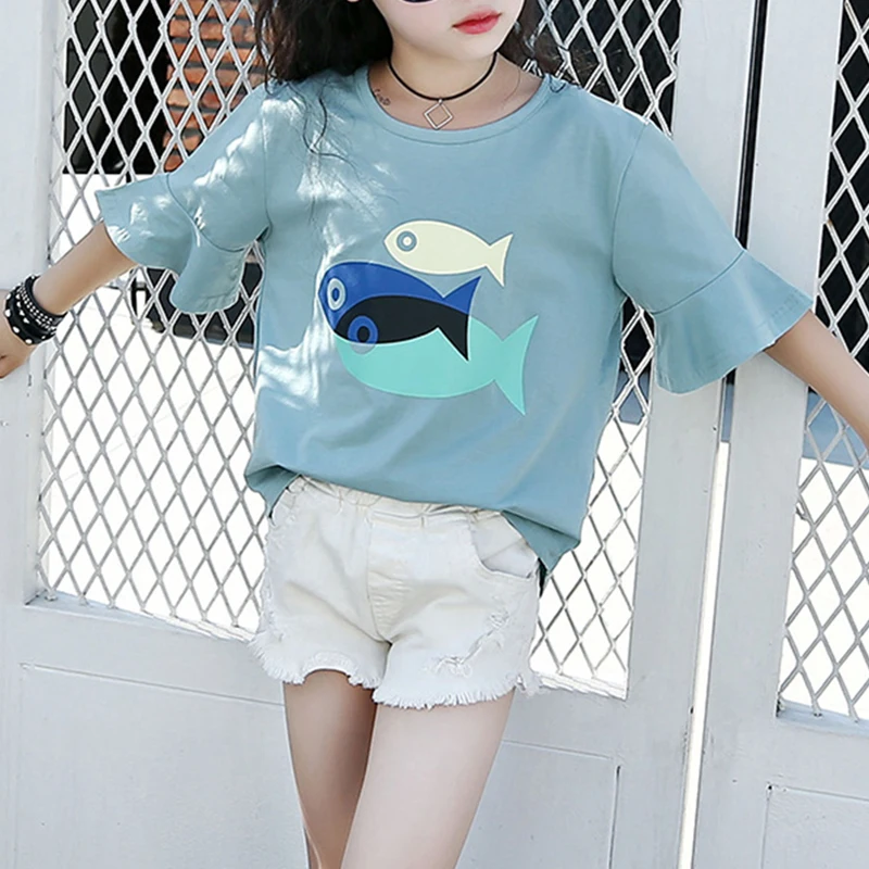 

Kids Summer Girls Child Teen Casual Falbaba Half Sleeve Fish Printed T-shirt