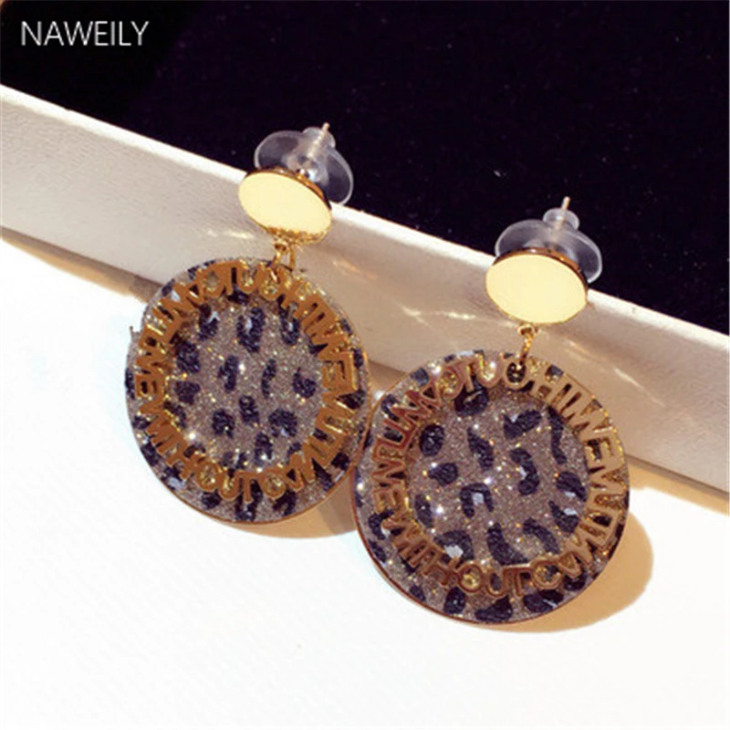 

Shiny Leopard Round Earrings For Women Letter Dangle Earring New Fashion Korean Silver Needle Hyperbole Earrings