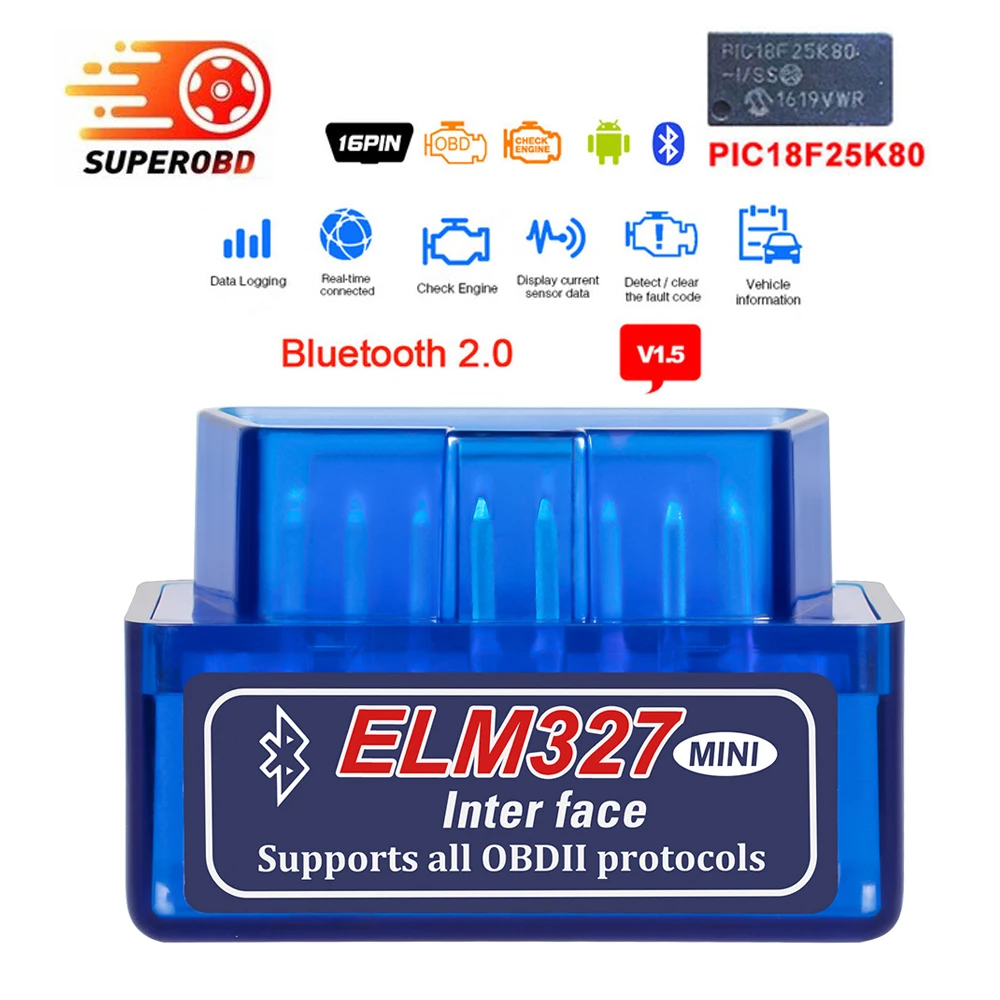 

ELM327 OBD2 Bluetooth/WIFI V1.5 Car Diagnostic Tool ELM 327 OBD II Scanner Chip PIC18F25K80 Work Android/IOS/Windows 12V Diesel