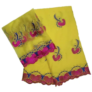 

French Style yellow African Bazin Riche Getzner 5 Yards and Tulle Lace 2 Yards High Quality Nigeria Wedding Fabric JA50-2