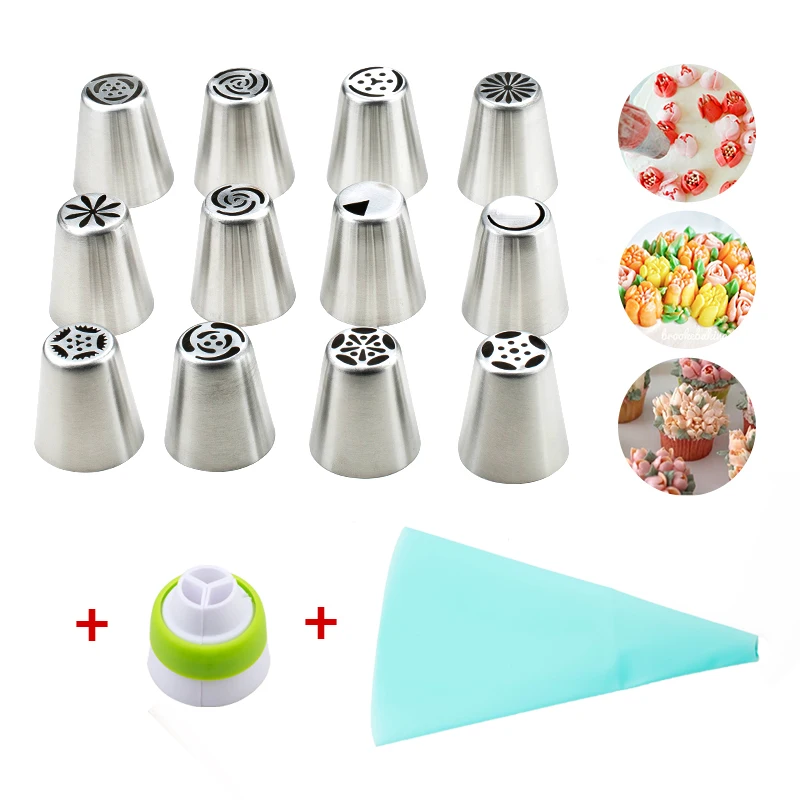 

12Pcs/set Russian Pastry Cake Icing Piping Nozzles Tips And Coupler Tips Rose Cream Bakeware Cupcake Cake Decorating Tools