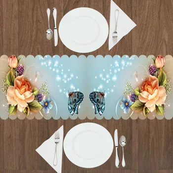 

Else Yellow Orange Roses Green Leaves Blue Butterfly 3d Print Pattern Modern Table Runner for Kitchen Dining Room Tablecloth