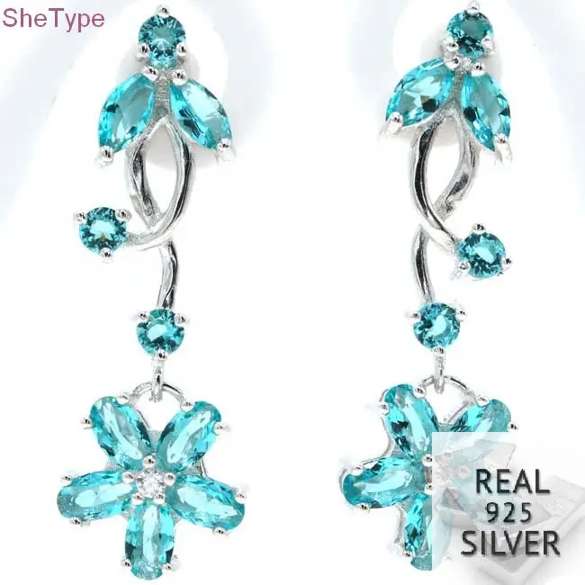 

SheType 5.2g Elegant Rich Blue Aquamarine Gift Girls 925 Solid Sterling Silver Earrings 35x12mm