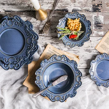 

1set Baroque relief Ceramic Western Deep Plate Salad Pastal Dishes Western Food Tableware Creative Blue And White Hat Plates