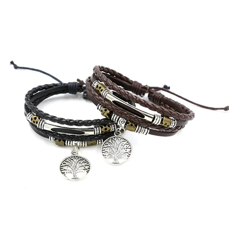 

2018 New Fashion Charm Metal Tree of Life Pendant Bracelet Male Black Braided Beads for Men Women