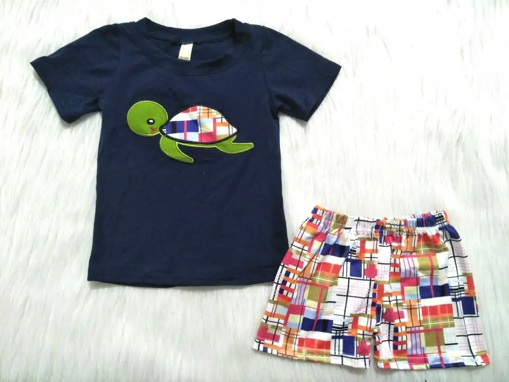 

Fashion turtle pattern outfits boys boutique summer t shirt+plaid colorful shorts 2 pcs set tortoise children kids clothing gxj