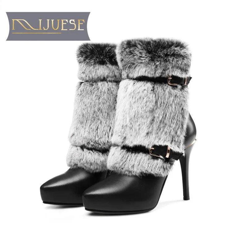 

MLJUESE 2018 women ankle boots cow leather rabbit hair buckle strap platform winter boots short plush white color snow boots