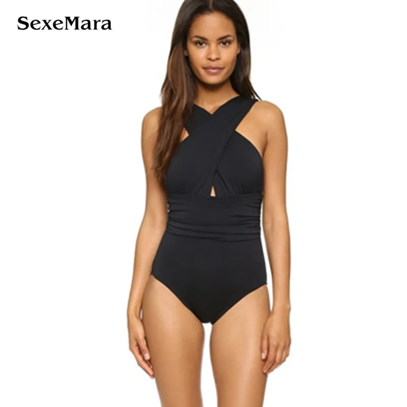 

SexeMara 2017 New Sexy Swimwear Women One Piece Swimsuit Beach Bikini Set Cross Bathing Suit High-necked Hollow Swimsuit Women