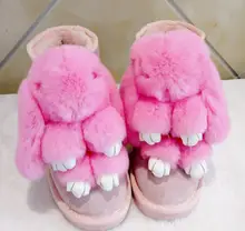LoneLinecc Hot Lovely Hare Black/ Pink Genuine Leather Mid-Calf Boots Flats With Women’s Shoes Round Toe Snow Boots