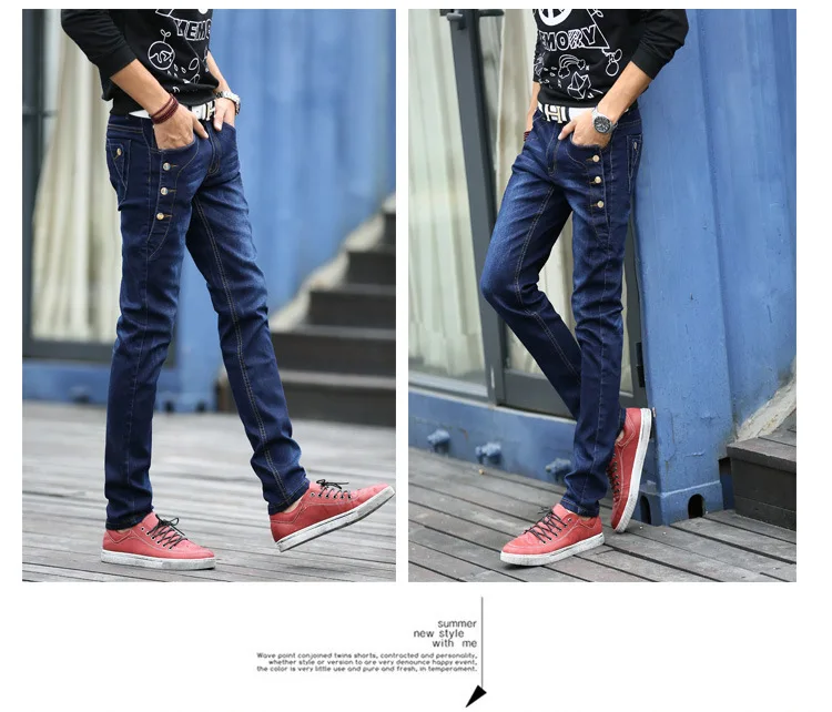 Джинсы Для мужчин молодых 2019 тенденции моды корейский стиль Хай-стрит уличная облегающие скини Кнопка джинсовые штаны мужские брюки цвет