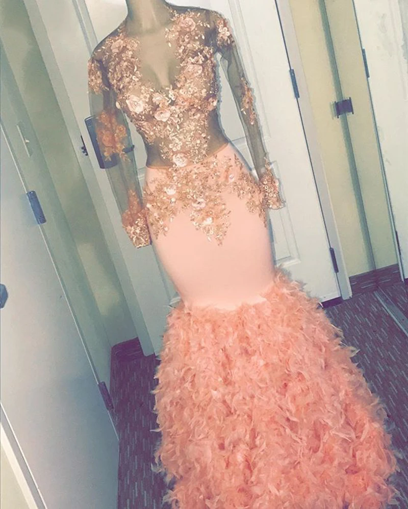 

Beautifulinwhite Black Girls Mermaid Prom Dresses 2019 Sexy See Through Appliques Feathers Evening Gowns Formal Dress BP0422