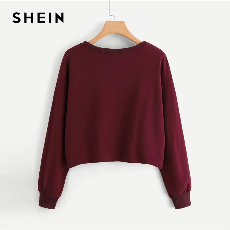  SHEIN Burgundy Faux Fur Fox Patch Sweatshirt Women Long Sleeve Round Neck Crop Pullovers Women Autu