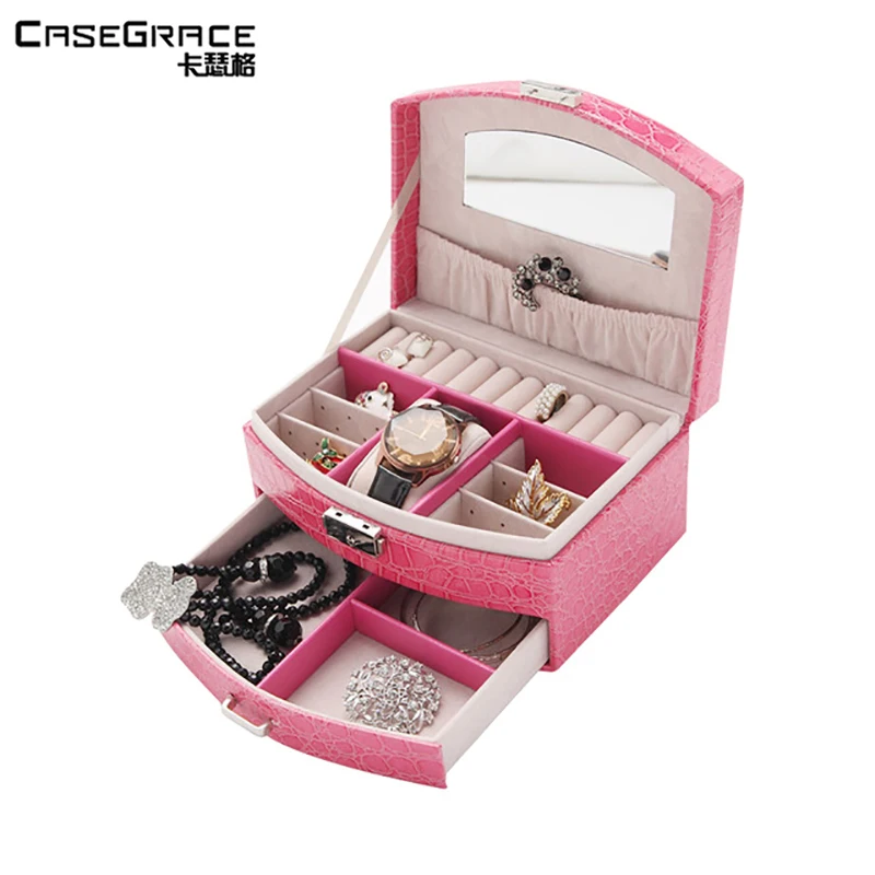 

Casegrace fanshaped jewelry storage boxes glossy PU leather red 2 layer drawer locking device girl makeup storage bins 01105
