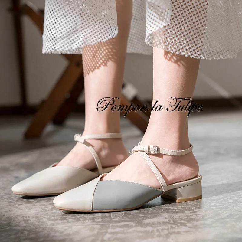 

BHS 901143 Chic Square Toe 3CM Heels Slingback Genuine Leather Stylish Sandals Sheepskin Fashion Women Shoes Party Wedding