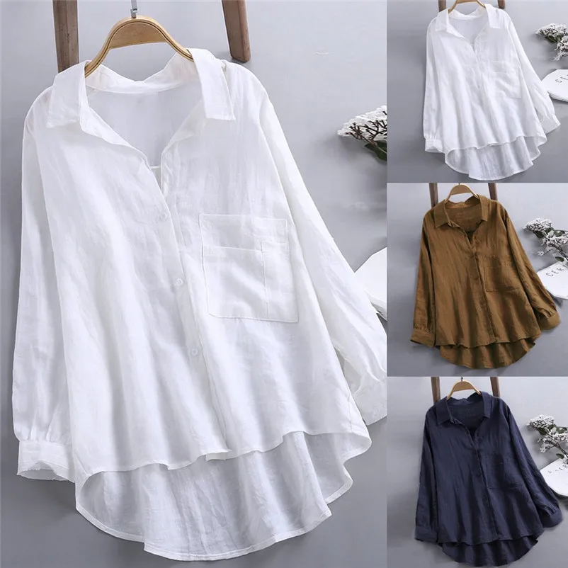 HOT Fashion womens tops and blouses 2018 Daily Casual Loose Linen Soild Button Solid Long Sleeve Shirt Blouse Tops A13#N  (1)