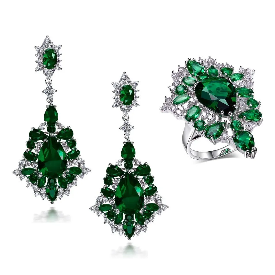 

Cocktail Jewelry 3 Colors New Design Cubic Zirconia stone Big Chandelier Drop earrings and Finger ring Set Wedding jewelry women