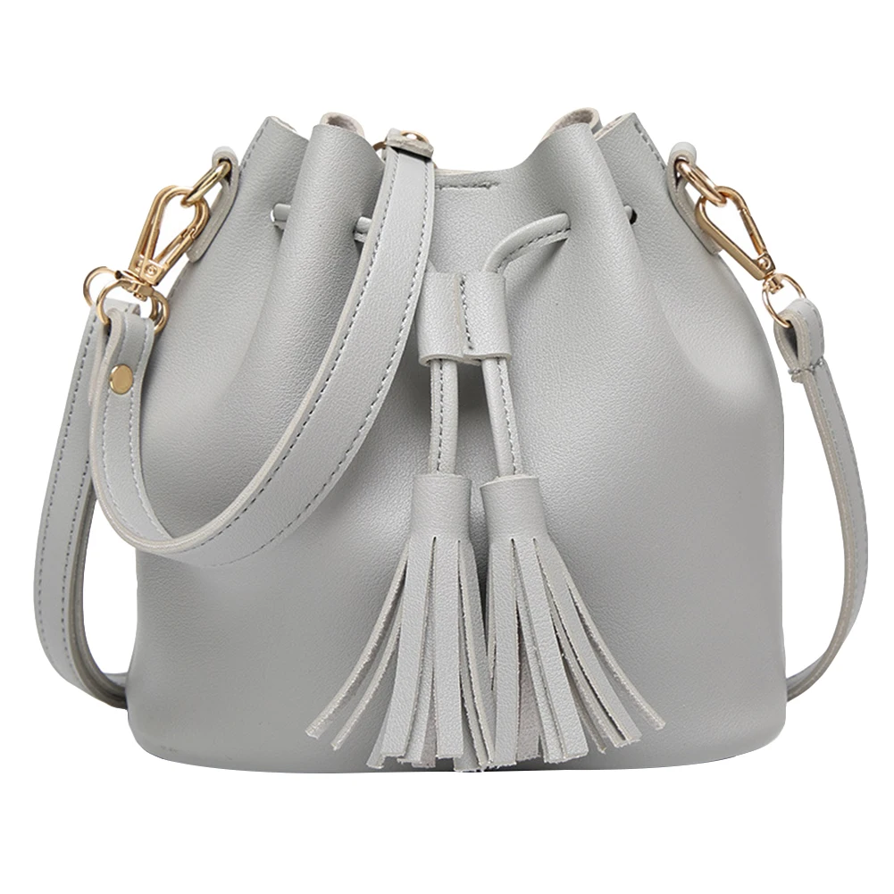 Women Retro Tassel Drawstring Faux Leather Shoulder Crossbody Bucket Bag Handbag in Shoulder