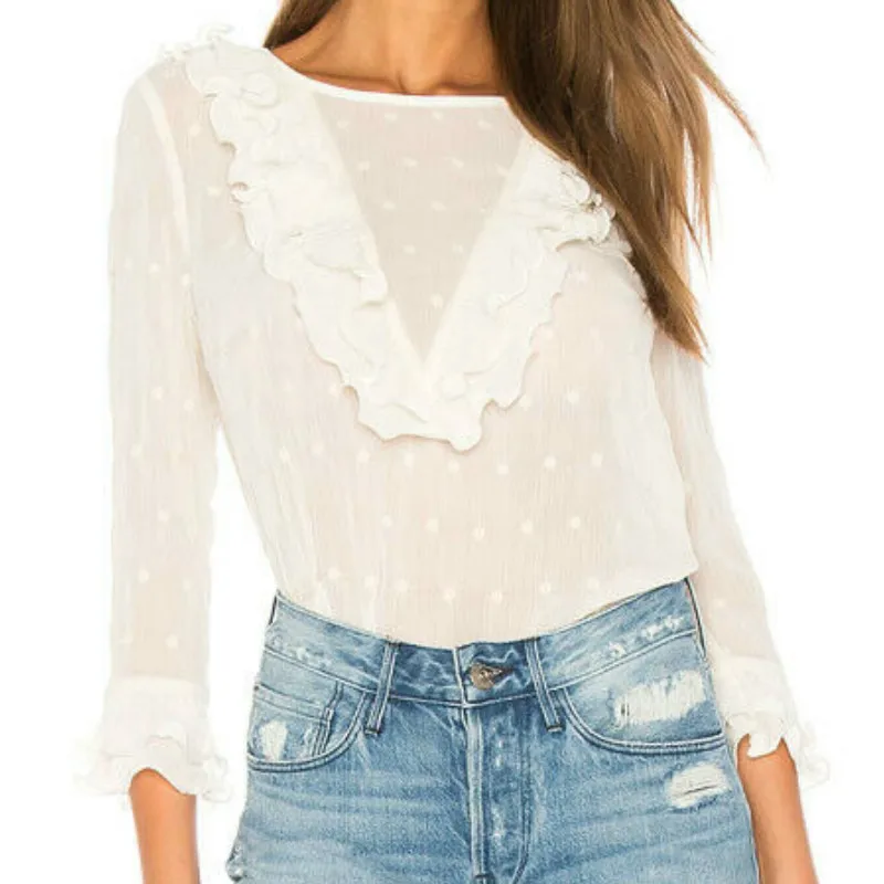

Women's Blouse Ladies Ruffle Frill Shirt Long Sleeve Perspectived Casual High Street Top Shirt Blouse S-XL