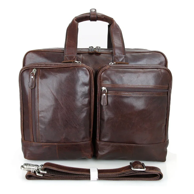 Free Shipping  17" Mens Briefcases Genuine Leather 2018 Business Men Brown Vintage Double Layer Crossbody Messenge