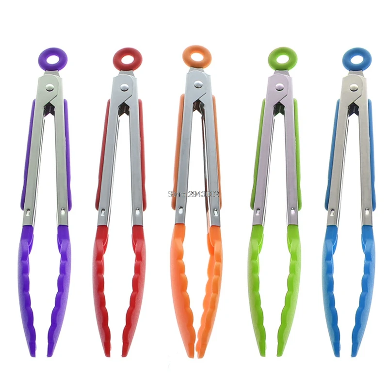 

1PC Silicone Cooking Food Serving BBQ Tongs Stainless Steel Handle Utensil