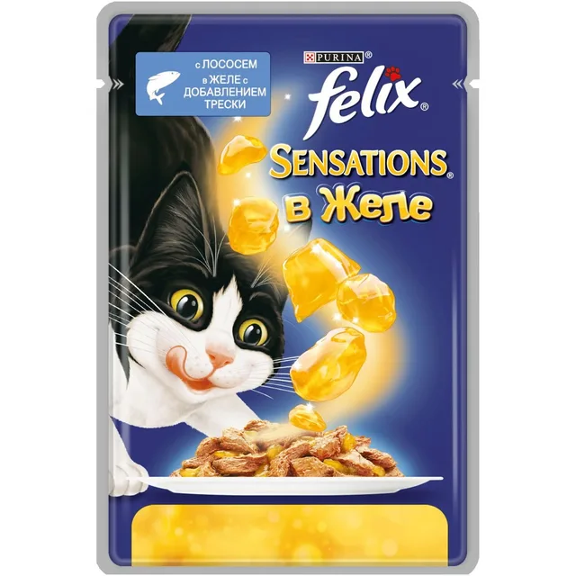 Влажный корм Felix Sensations для кошек с лососем в желе со вкусом трески, Пауч, 24х85 г.