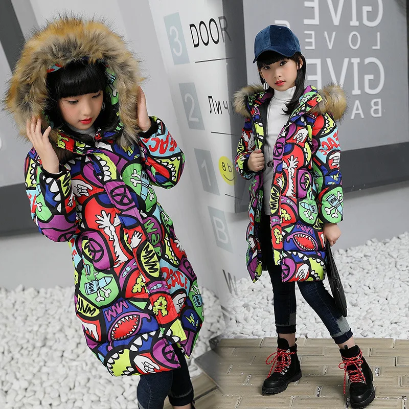 

2018 New Winter children Outerwear & Coats Girls Graffiti Hooded Baby Girl jacket Warm print Children coat C86