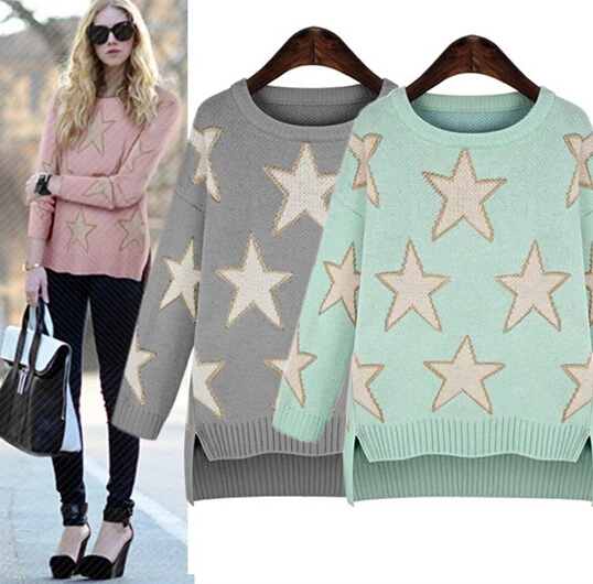 

2019 New Fashion Women Elegant Five Star Pattern Pullover O Neck Long Sleeve Knitwear Stylish Casual Slim Knitted Sweater Tops