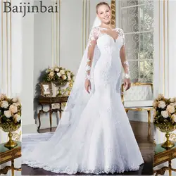 Baijinbai Scoop декольте Русалка Свадебные платья вышивка кружево Robe de Mariage Sheer одежда с длинным рукавом белые свадебные