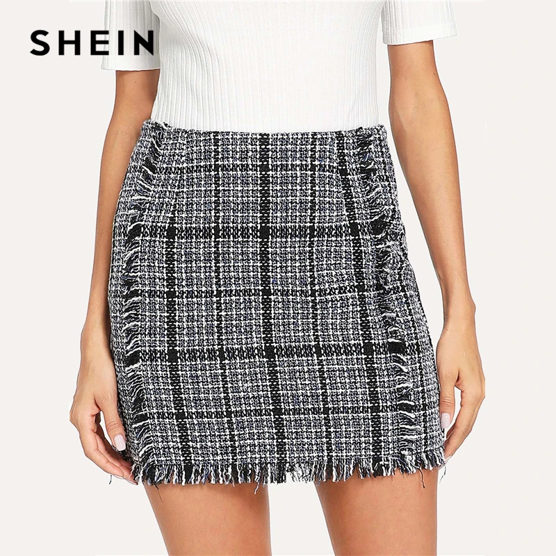 frayed trim plaid tweed skirt