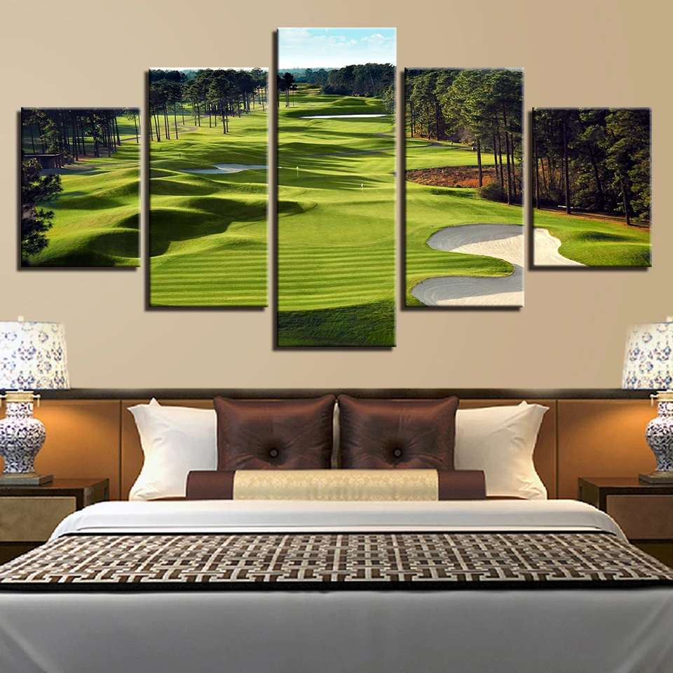 

Canvas HD Prints Modular Pictures Home Decor 5 Pieces Golf Course Woods Landscape Pictures Painting Wall Art Framework Poster